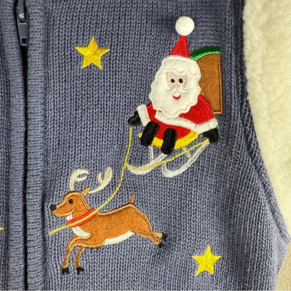 Christmas Sweater Embroidered sequins Faux Fur Trim Holiday Santa Reindeer MP - Picture 3 of 6